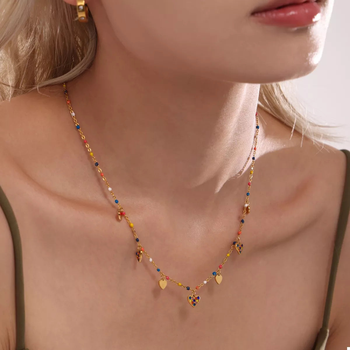 Gold heart charm necklace with zircon - Calypso Blue